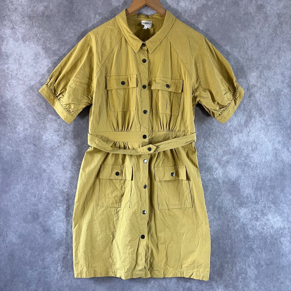 dRA Los Angeles Utility Shirt Dress Women Large Mustard Yellow Belted Snap Front